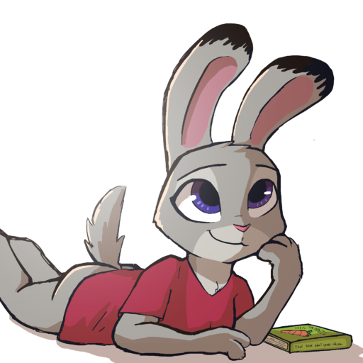 1:1 anthro book bottomless butt carrot clothed clothing digital_media_(artwork) dipstick_ears enginetrap female food fur grey_body grey_fur hi_res judy_hopps lagomorph leporid lying mammal multicolored_ears on_front plant purple_eyes rabbit scut_tail shaded shirt short_tail simple_background smile solo topwear vegetable // 2048x2048 // 355.5KB