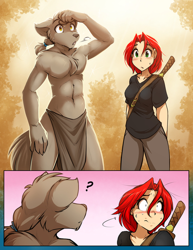 2016 ? abstract_background animal_tail anthro blush bodily_fluids bottomwear breasts brown_body brown_fur canid canine canis chest_tuft claws clothed clothing comic conditional_dnp crossgender database_error_(twokinds) female fur group hair human keidran loincloth male mammal mtf_crossgender navel ogling open_mouth red_hair sweat sweatdrop sythe_(twokinds) tom_fischbach topless tuft twokinds webcomic webcomic_character wolf yellow_eyes // 850x1100 // 850.9KB