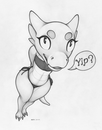 2019 bikini claws clothing ecmajor eyelashes female flat_chested grey_background hands_behind_back hi_res horn kobold kobold_garden looking_at_viewer looking_up monochrome open_mouth pupils scales scalie simple_background slit_pupils solo swimwear traditional_media_(artwork) wide_hips // 1029x1310 // 959KB