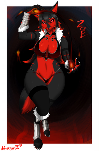 2017 5_fingers anthro armor big_breasts black_body black_fur black_hair black_nose black_sclera breasts canid canine claws clothed clothing curvy_figure ear_piercing eyebrow_piercing eyelashes facial_piercing female fingers fire fox fur glistening glistening_body hair hi_res legwear long_hair looking_at_viewer magic mammal markings multicolored_body multicolored_fur multicolored_hair navel nnecgrau panties piercing pose red_body red_eyes red_fur red_hair red_markings skimpy smile solo standing stockings text thick_thighs thigh_highs toe_claws underwear voluptuous wide_hips zoe_(nnecgrau) // 843x1280 // 652.3KB
