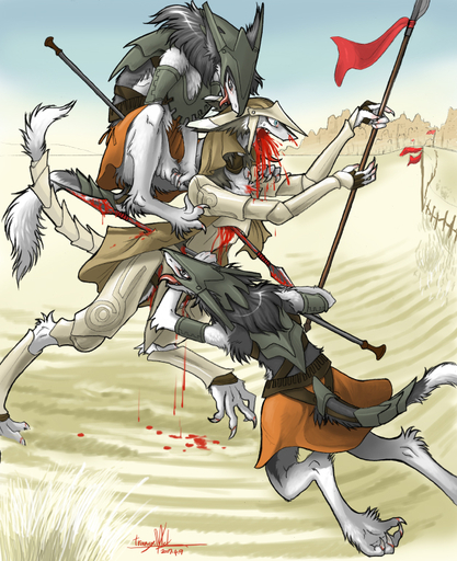 2007 anthro armor banner battle blood blue_eyes bodily_fluids breastplate city claws digital_media_(artwork) fence fur furgonomics gore grass graves grey_body grey_fur group headgear helmet holding_object holding_weapon killing male mammal melee_weapon mick39 northern_sergal outside pauldron pawpads pike_(weapon) plant platemail polearm sand sergal southern_sergal spear stab tail_armor tail_tuft tongue tongue_out tuft weapon white_body white_fur wounded // 628x771 // 412.4KB