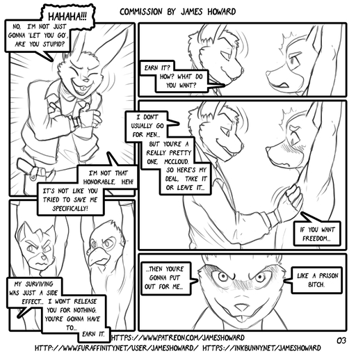 anthro black_and_white blush bound clothed clothing comic dialogue digital_drawing_(artwork) digital_media_(artwork) dominant dominant_male english_text falco_lombardi fox_mccloud group hi_res james_howard lagomorph leporid male malemale mammal monochrome rabbit simple_background sketch submissive submissive_male suggestive text topless video_games white_background // 1821x1809 // 1.1MB
