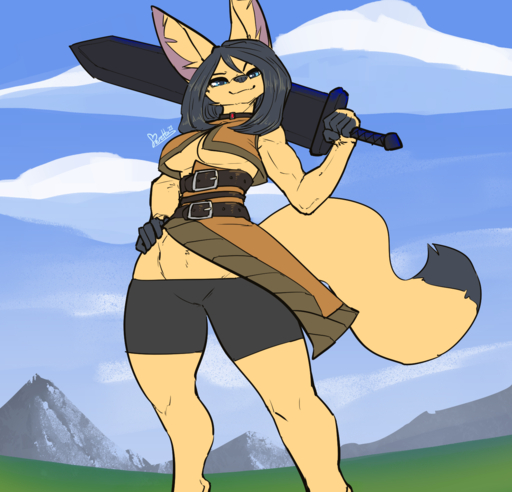 anthro belt biceps black_hair black_tail_tip blue_eyes bottomwear breasts canid canine clothed clothing cloud digital_media_(artwork) english_text female fenavi_montaro fennec feretta fox fur hair hi_res holding_object holding_weapon hotpants looking_at_viewer mammal melee_weapon mountain muscular muscular_anthro muscular_female outside shorts sky smile solo standing sword text topwear under_boob vulpes weapon yellow_body yellow_fur // 1498x1440 // 1.2MB