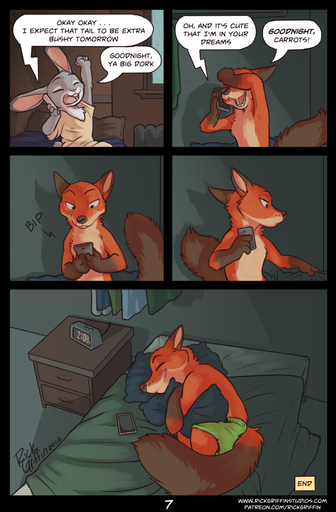 2016 alarm_clock anthro bed buckteeth canid canine cellphone clock clothed clothing comic detailed_background dialogue digital_media_(artwork) dipstick_ears duo english_text eyes_closed female food fox fur furniture gloves_(marking) green_eyes grey_body grey_fur inside judy_hopps lagomorph leporid long_ears male mammal markings multicolored_ears nick_wilde night open_mouth orange_body orange_fur phone pillow rabbit raining red_body red_fur rick_griffin sleeping speech_bubble teeth text tired topless url white_body white_fur yawn // 701x1067 // 472.8KB
