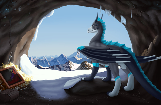 blue_eyes cave claws dragon feral hi_res horn lemurlemurovich membrane_(anatomy) mountain outside snow solo treasure wings // 3000x1957 // 2.5MB