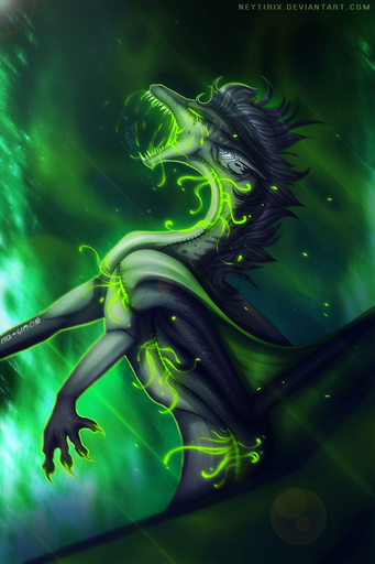 blue_hair claws dragon feral glowing glowing_eyes green_eyes hair membrane_(anatomy) membranous_wings neytirix open_mouth solo teeth text url wings // 787x1181 // 252.0KB