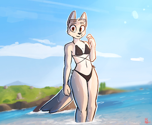 2022 anthro bikini canid canine canis clothing cloud day detailed_background digital_media_(artwork) enginetrap female fur hi_res jackal looking_at_viewer mammal outside sea signature sky solo standing swimwear water // 1673x1371 // 1.7MB