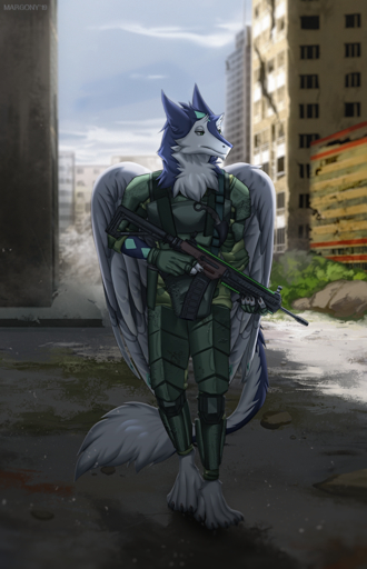 2019 5_fingers blue_body blue_fur city clothed clothing day detailed_background digital_media_(artwork) fingers fur gun hi_res holding_gun holding_object holding_weapon margony ranged_weapon sergal solo weapon // 900x1395 // 1.8MB
