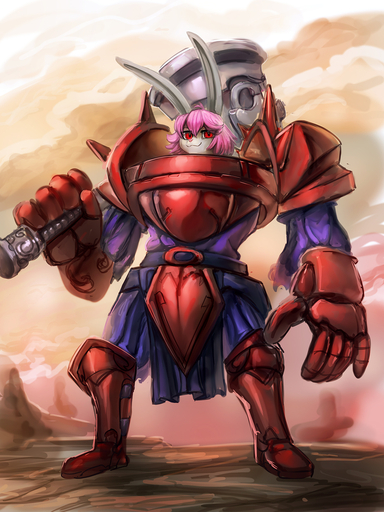 anthro digital_media_(artwork) female general-irrelevant hair hammer hi_res holding_hammer holding_object holding_tool lagomorph leporid looking_at_viewer machine mammal pink_hair pink_nose power_armor rabbit red_eyes smile solo standing tools weapon white_body // 1080x1440 // 822.8KB