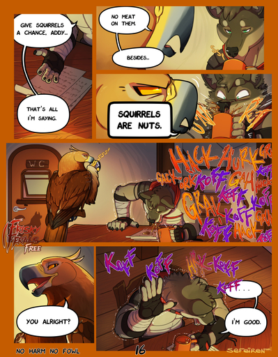 accipitrid accipitriform addison_(frisky_ferals) anthro avian beak beverage bird brown_body brown_feathers cabin canid canine canis claws clothed clothing coffee comic conditional_dnp coughing cup devon_(frisky_ferals) dialogue door duo eagle english_text feathered_wings feathers female feral frisky_ferals fur furniture gloves golden_eagle green_eyes grey_body grey_fur handwear hi_res hood humor inside letter male mammal no_harm_no_fowl open_mouth orange_eyes orange_sclera perch pun scales sefeiren shaking speech_bubble table text tongue true_eagle white_body white_feathers white_fur window wings wolf yellow_body yellow_eyes yellow_scales // 936x1200 // 1.2MB