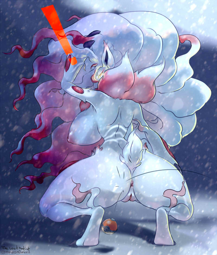 anthro anus big_breasts breasts butt crouching digitigrade exclamation_point female fur genitals hair hisuian_zoroark huge_breasts multicolored_hair nipples pokeball pokemon_(species) pussy rear_view regional_form_(pokemon) scut_tail short_tail snow snowing solo the_lost_artist two_tone_hair video_games white_body white_fur // 800x939 // 97.8KB