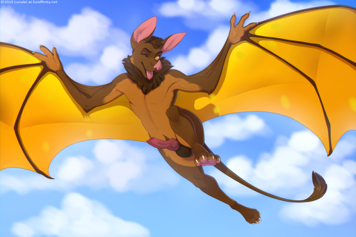 2019 3:2 4_toes animal_genitalia animal_penis anthro athletic athletic_anthro athletic_male balls big_ears brown_body brown_fur canine_penis chest_tuft chiropteran claws cloud digital_media_(artwork) digitigrade erection feet flying fur genitals knot leaf_nose looking_at_viewer lunalei male mammal neck_tuft nude one_eye_closed open_mouth outside pawpads pecs penis pink_penis pose presenting pubes rolan_zirkah_culdis sheath sky smile solo text toes tongue tongue_out tuft url wings wink yellow_eyes // 1200x800 // 441.5KB