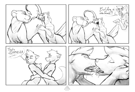 2022 absurd_res anthro avian base_two_layout butt butt_lick canid canine canis comic content_repetition dialogue duo elicitie english_text felid feline female feral four_frame_grid four_frame_image french_kissing fur grid_layout gryphon hair hi_res interspecies kissing licking lion male malefemale malemale mammal monochrome mythological_avian nala pantherine presenting presenting_hindquarters regular_grid_layout text tongue tongue_out two_row_layout // 4243x2920 // 5.7MB