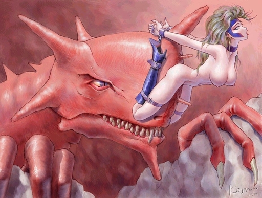 blonde_hair blood blush bondage boots breasts buckle chains collar cuffs dragon earrings hanging_breasts high_heels horns insertion jewelry kojirou_(underground_sample_files) large_breasts large_insertion monster naked_boots naked_footwear navel nipples nude open_mouth pussy_juice rape sacrifice shackles shoes straps torture virgin // 927x700 // 347.9KB