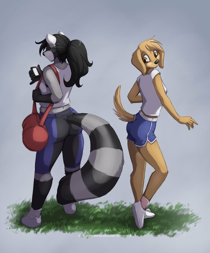 2018 anthro audrey_(jay_naylor) black_hair black_nose bottomwear brooke_reed brown_eyes butt butt_size_difference canid canine canis clothed clothing conditional_dnp domestic_dog duo female footwear grass hair hi_res jay_naylor looking_back mammal plant ponytail procyonid raccoon shoes shorts standing trans_(lore) trans_woman_(lore) // 1497x1800 // 210.8KB