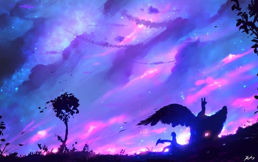 2016 ambiguous_gender detailed_background digital_media_(artwork) dragon duo feathered_wings feathers feral grass human mammal outside plant ryky sky sunset wings // 1415x891 // 1.9MB