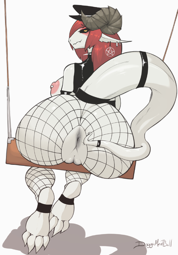 amatella anthro anus bedroom_eyes big_breasts big_butt biped blush breasts butt claws clothed clothing collar doggomeatball dragon ear_piercing feet female fishnet fishnet_legwear genitals glistening glistening_body glistening_clothing hair half-closed_eyes hat headgear headwear hi_res horn legwear long_hair looking_at_viewer looking_back narrowed_eyes nipple_piercing nipples non-mammal_breasts partially_clothed pentacle pentagram piercing presenting presenting_anus presenting_hindquarters presenting_pussy pussy red_hair scalie seductive simple_background smile solo spiked_collar spikes spread_butt spreading swing toe_claws toes white_background // 1536x2195 // 1.2MB