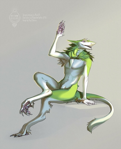 4_fingers 4_toes anthro barefoot bg biped black_body black_fur casual_nudity claws colored_nails countershading crotch_lines crotch_tuft digitigrade feet finger_claws fingernails fingers fluffy fluffy_chest fluffy_fur fluffy_tail fur fur_tuft gesture green_body green_fur green_tail grey_background grey_body grey_claws grey_fur grey_tail hi_res hindpaw long_tail looking_aside male mane multicolored_body multicolored_fur multicolored_tail nails nude pawpads paws pink_eyes pink_pawpads prick_ears pubic_mound raesheris sergal sharp_claws sharp_fingernails sharp_nails sharp_teeth simple_background sitting smile solo tapering_tail teeth thin_tail toe_claws toes tuft waving white_body white_claws white_fingernails white_fur white_nails white_tail // 1131x1400 // 129.7KB