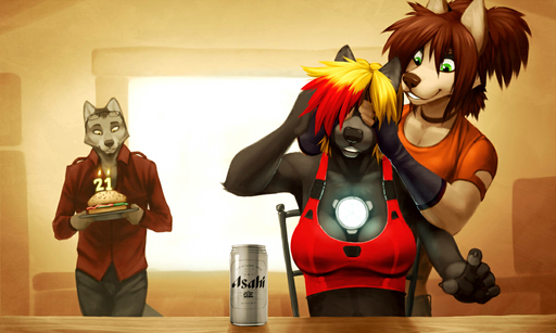 2012 5:3 alcohol anthro arc_reactor beer beverage birthday burger can canid canine canis clothed clothing digital_media_(artwork) family female fleki_(character) food grin group male mammal smile wendy_(wolfy-nail) wolf wolfy-nail wolfy-nail_(character) // 1200x720 // 200.4KB
