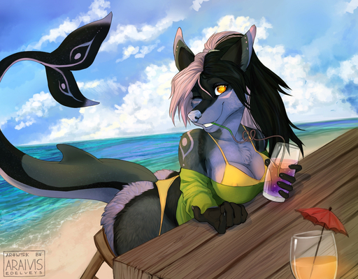 2017 5_fingers anthro araivis-edelveys beach bikini black_body black_fur black_hair breasts canid canine canis clothing day detailed_background female fin fingers fish fur hair hybrid looking_at_viewer mammal marine outside pink_hair purple_nose sand seaside shark smile solo swimwear water wolf yellow_eyes // 1280x1000 // 875.2KB