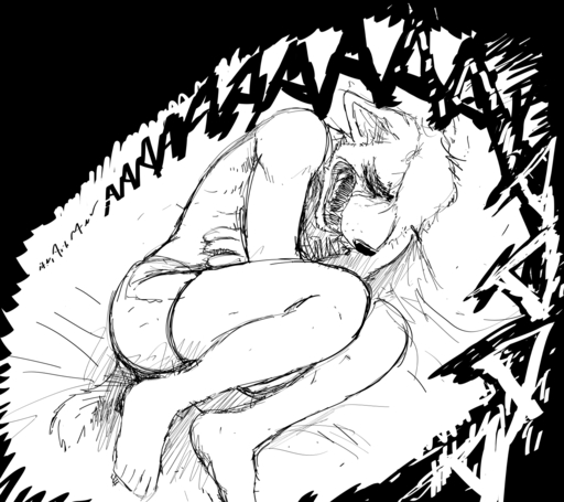 2020 anthro bed black_and_white bodily_fluids boxers_(clothing) canid canine canis clothing comic crying daniel_(hladilnik) dream english_text eyes_closed furniture hi_res hladilnik male mammal monochrome nightmare on_bed screaming sketch solo tears text underwear wolf // 1440x1280 // 269.8KB