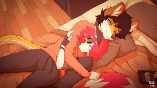 16:9 absurd_res anthro bed black_hair canid canine clothed clothing detailed_background digital_media_(artwork) duo fingers furniture hair hi_res male mammal marblesoda on_bed pink_hair // 4096x2304 // 1.0MB