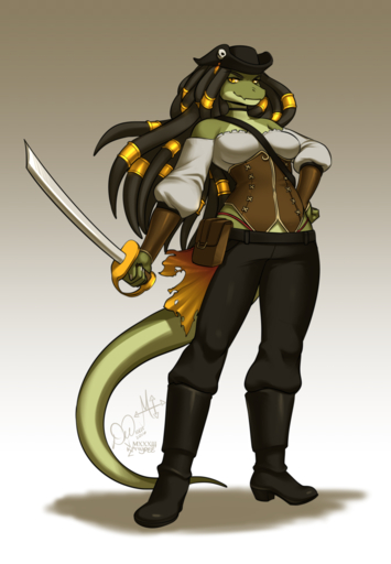 anthro biped breasts clothing crocodile crocodilian crocodylid cutlass dreadlocks female hair hat headgear headwear hi_res kittydee looking_at_viewer melee_weapon non-mammal_breasts pirate_outfit reptile scalie simple_background smile solo standing sword underwear weapon zynn // 888x1280 // 539.2KB