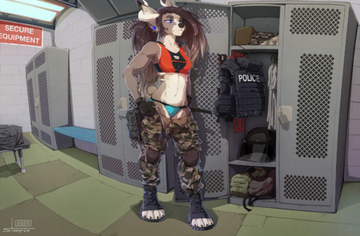 anthro athletic athletic_anthro athletic_female backpack bra brick_wall camo canid canine canis changing_clothing clothing domestic_dog ear_piercing english_text female fingerless_gloves floor frown fur gloves hair handwear hi_res horn knee_pads lock locker locker_bench locker_room long_hair mammal open-toe_boots panties piercing police ponytail redbone_coonhound riot_gear short_tail solo sports_bra stoopix text tomboy underwear wall_(structure) // 1927x1261 // 3.0MB