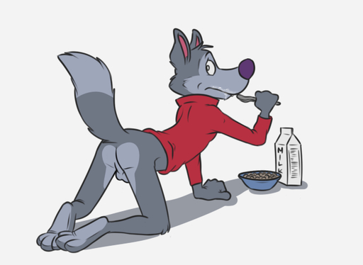 all_fours anthro arm_support backsack balls bent_arm bent_legs beverage_carton bodily_fluids bottomless bowl butt canid canine canis carton caught cereal chip_the_wolf clothed clothing container cutlery digital_media_(artwork) eating embarrassed erection extended_arm food forward_arm_support fur genitals grey_body grey_fur holding_spoon kitchen_utensils male mammal mascot milk milk_carton milk_container paws penis perineum raised_tail rotten_robbie saliva solo spoon tools tuft wolf // 640x468 // 82.3KB