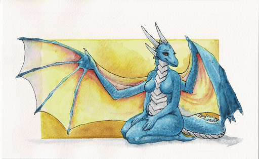 anthro breasts claws dragon eelowyn eyelashes featureless_breasts female horn kneeling looking_at_viewer membrane_(anatomy) membranous_wings nude obelys painting_(artwork) scales sitting slightly_chubby smile solo spread_wings traditional_media_(artwork) watercolor_(artwork) wings // 1150x707 // 399.0KB
