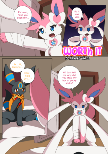clothing comic cover cover_art cover_page dialogue duo eeveelution english_text escuron feral food hi_res kaimon_(km-15) km-15 male neckerchief nintendo open_mouth paws pocky pokemon pokemon_(species) sylveon teeth text tongue umbreon video_games // 900x1280 // 600.9KB