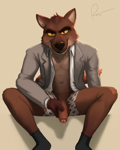 2021 anthro artist_name canid canine canis clothing footwear fur genitals heart_underwear hi_res looking_at_viewer male mammal masturbation mr._wolf_(the_bad_guys) penis rov signature sitting smile socks solo suit underwear wolf // 1283x1604 // 122.8KB