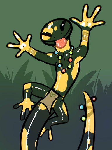 amphibian anthro black_body black_skin blep bottomwear bracelet clothing eyes_closed grass grass_field hi_res jewelry loincloth male necklace plant salamander_(amphibian) smile solo the_xing1 tongue tongue_out yellow_body yellow_skin // 1536x2048 // 189.6KB