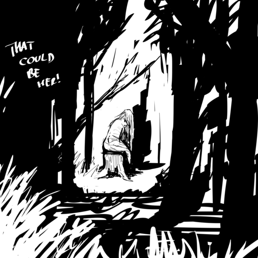 1:1 ambiguous_species anthro black_and_white comic dialogue english_text female forest hi_res hladilnik monochrome plant shadow sitting solo text tree tree_stump // 1280x1280 // 151.2KB
