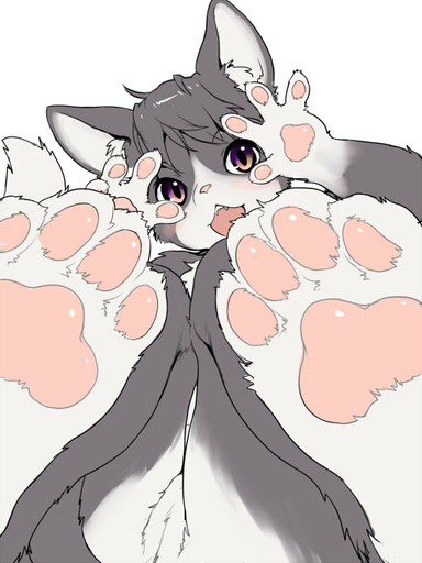 4_toes anthro blush digital_media_(artwork) digitigrade feet felid female foot_focus fur genitals grey_body grey_fur hindpaw kikurage looking_at_viewer low-angle_view mammal nude open_mouth pawpads paws pink_pawpads purple_eyes pussy simple_background soles solo toes white_background // 499x666 // 60KB