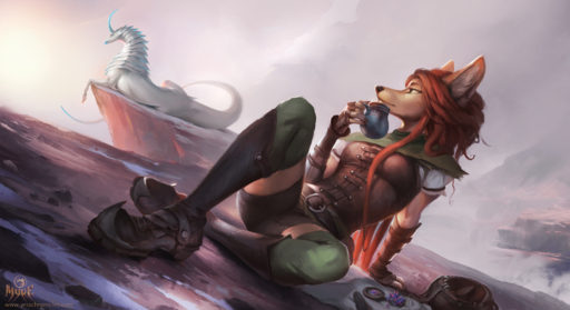 2019 alectorfencer ambiguous_gender anthro anthro_focus belt breasts canid canine canis cliff clothed clothing coyote cup digital_media_(artwork) dragon dreadlocks duo equid equine female feral fog footwear fully_clothed hair hi_res holding_object horn horse hybrid inner_ear_fluff long_hair mammal myre orange_hair outside reclining rock shoes solo solo_focus tuft unicorn varug // 2097x1143 // 2.3MB