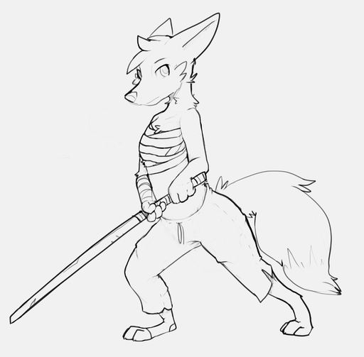 2020 anthro barefoot bottomwear canid canine cheek_tuft chest_wraps clothing facial_tuft feet female fox fur head_tuft hi_res holding_object holding_sword holding_weapon mammal melee_weapon monochrome pants simple_background solo sword tuft weapon white_background wraps zhanbow // 2048x2011 // 142.2KB