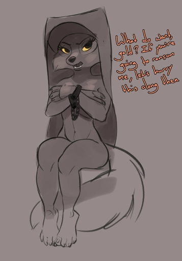 2018 anthro barefoot biped canid canine clothing covering covering_self dialogue english_text feet female fox grey_background greyscale handcuffs hat headgear headwear hi_res maid_marian mammal monochrome navel nude open_mouth paws shackles simple_background siroc sitting solo text yellow_sclera // 1440x2067 // 158.1KB