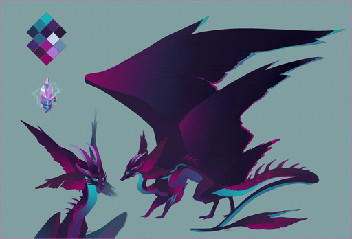 2019 absurd_res claws digital_media_(artwork) dragon feathered_dragon feathered_wings feathers female feral green_background hi_res horn kassillea model_sheet purple_body purple_feathers simple_background solo standing wings // 5157x3510 // 8.8MB