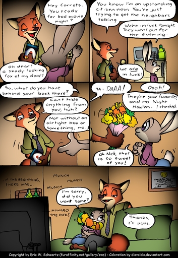 2016 absurd_res anthro barefoot bouquet canid canine clothed clothing color_edit colored comic crossed_legs cuddling dialogue diavololo digital_media_(artwork) disney duo dvd edit english_text eric_schwartz feet female fox fur furniture gloves_(marking) grey_body grey_fur hand_behind_back hi_res holding_object howard_the_duck judy_hopps lagomorph leporid looking_back male mammal markings nick_wilde predatorprey rabbit red_body red_fur sitting size_difference smile sofa speech_bubble television text url zootopia // 1812x2628 // 2.2MB