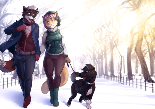 anthro canid canine canis clothing collar digital_media_(artwork) domestic_dog duo felid female feral furries_with_pets leash male mammal open_mouth outside panic_(character) park plant romantic_ambiance romantic_couple smile snow tongue tongue_out tree twinkle-sez victoria_(feline) winter wolf // 1000x707 // 263.5KB