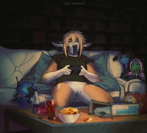 anthro bottomless bottomless_female cervid clothed clothing colored depth_of_field female fingerless_(marking) furniture gaming genitals gloves_(marking) inner_ear_fluff kobold mammal markings plushie pussy smile sofa solo sudo_poweroff table tuft // 1280x1158 // 156.1KB