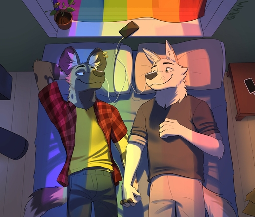 african_wild_dog anthro bed canid canine duo ear_piercing eye_contact furniture grambledeggs hand_holding headphones hi_res lgbt_pride looking_at_another lying male malemale mammal piercing pillow pride_colors smile window // 2342x2000 // 494.8KB