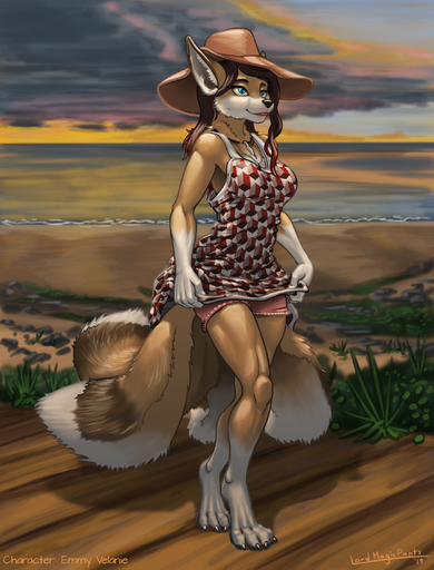 2019 anthro beach biped blue_eyes breasts canid canine claws clothed clothing digitigrade dipstick_tail dress emmy_velanie female fox gloves_(marking) hair hat headgear headwear hi_res horizon jewelry leg_markings long_hair lord_magicpants mammal markings multi_tail multicolored_tail necklace outside sea seaside sky smile socks_(marking) solo standing toe_claws water // 1523x2000 // 855.4KB