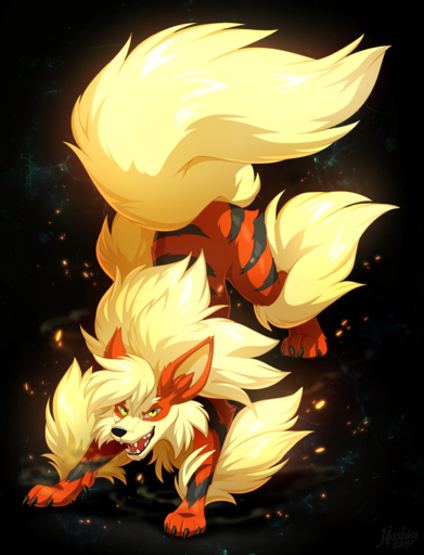 2018 ambiguous_gender arcanine canid canine claws digital_media_(artwork) feral fire green_eyes hi_res hioshiru mammal pokemon_(species) solo toe_claws video_games // 978x1280 // 1.1MB
