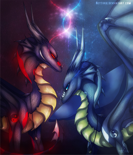 ambiguous_gender blue_eyes curved_horn dragon duo feral gradient_background horn jewelry membrane_(anatomy) membranous_wings necklace neytirix nude red_eyes simple_background smile standing wings // 937x1091 // 666.5KB