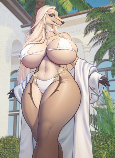anthro big_breasts bikini blonde_hair breasts canid canine canis clothed clothing domestic_dog female hair huge_breasts mammal mature_female smiju solo swimwear thick_thighs // 731x1000 // 698.5KB