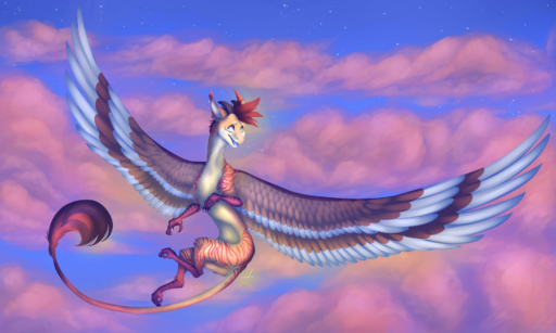 2019 4_toes 5:3 brown_body brown_feathers brown_hair cloud cynder18 day detailed_background digital_media_(artwork) dragon feathered_dragon feathered_wings feathers feet flying hair hi_res horn open_mouth outside sky star starry_sky teeth toes tongue video_games wings // 1920x1152 // 1.8MB