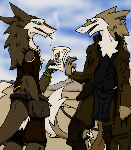 2015 anthro bag belt bodypaint brown_body brown_fur cigarette claws clothing crossbow day desert duo face_paint fur grey_eyes jacket knee_pads luismcderp_(artist) mammal mountain outside paper poster ranged_weapon sergal smoking standing topwear weapon white_body white_fur // 877x1000 // 539.3KB