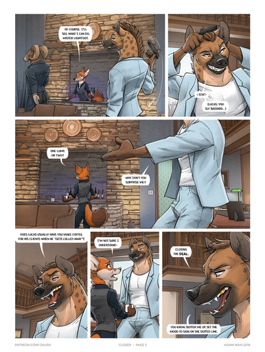 2018 anthro bovid canid canine caprine clothed clothing comic dialogue digital_media_(artwork) dipstick_tail english_text fox fur gloves_(marking) group hi_res hyaenid inside jayden_coultier_(zaush) lucas_lightfoot_(zaush) male mammal markings multicolored_tail office profanity red_fox smile spotted_hyena suit text unprofessional_behavior vulpes zaush // 905x1200 // 679.2KB